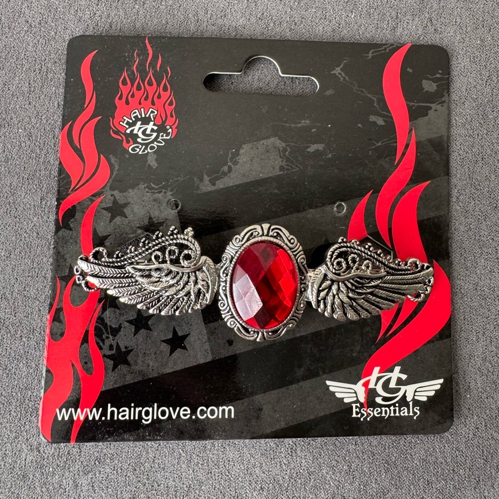 Hair Glove Silver Winged Hair Clip with Red Gem NWT